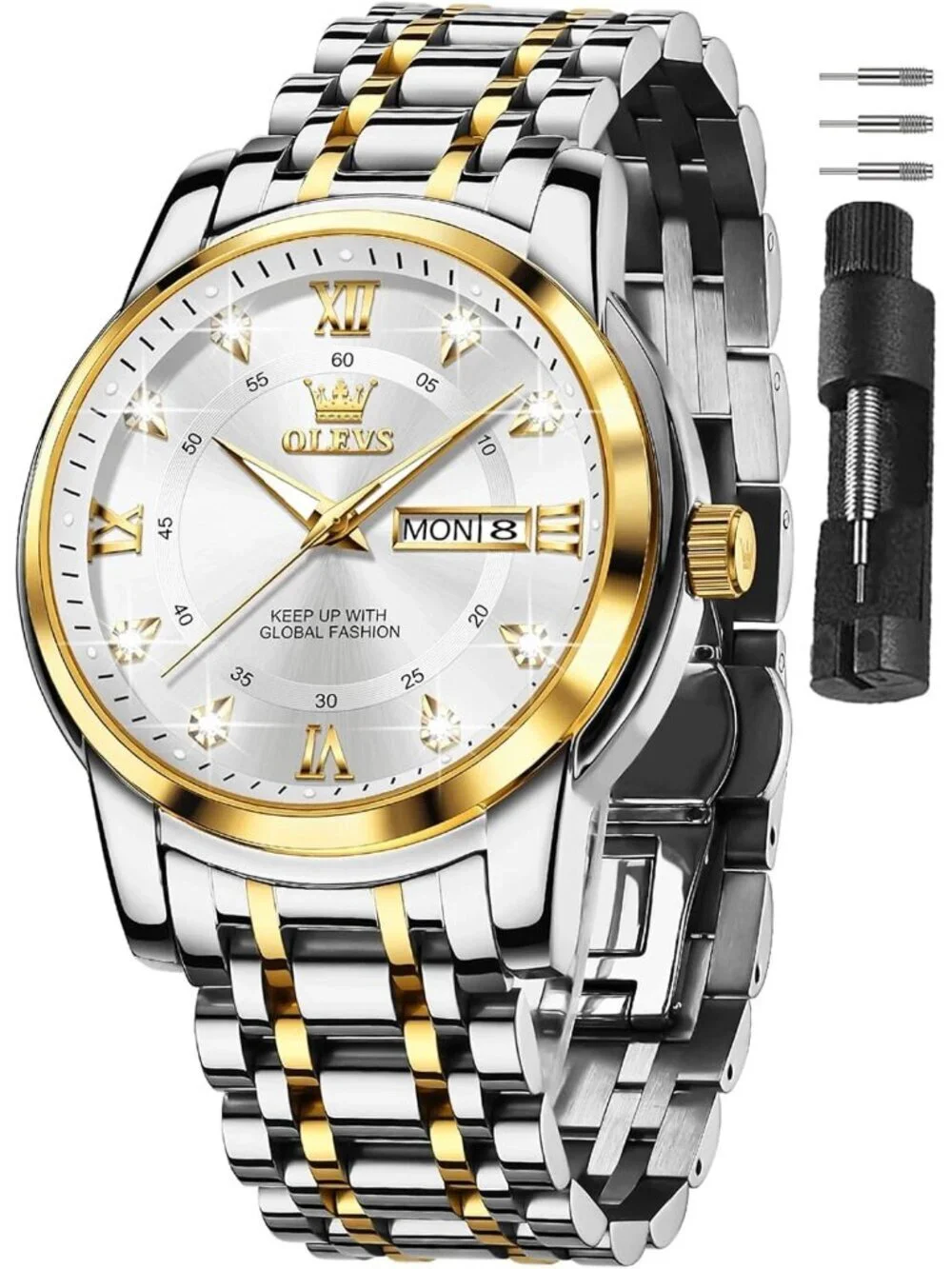 Men's Silver Gold Stainless Steel Waterproof Roman Numbers Diamond Classic Watch